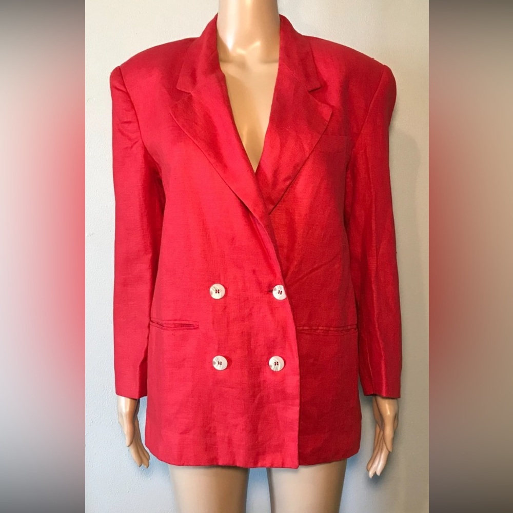 Vintage International Scene Women's Blazer Size 6 Red Linen Blend 4 Button Lined